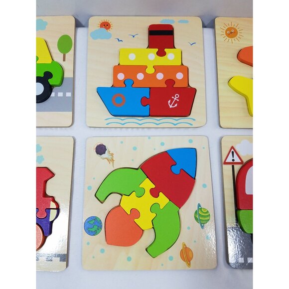 SKYFIELD Wooden Vehicle 6 Puzzles Montessori Color Shapes Car Boat Train Plane - Picture 3 of 4
